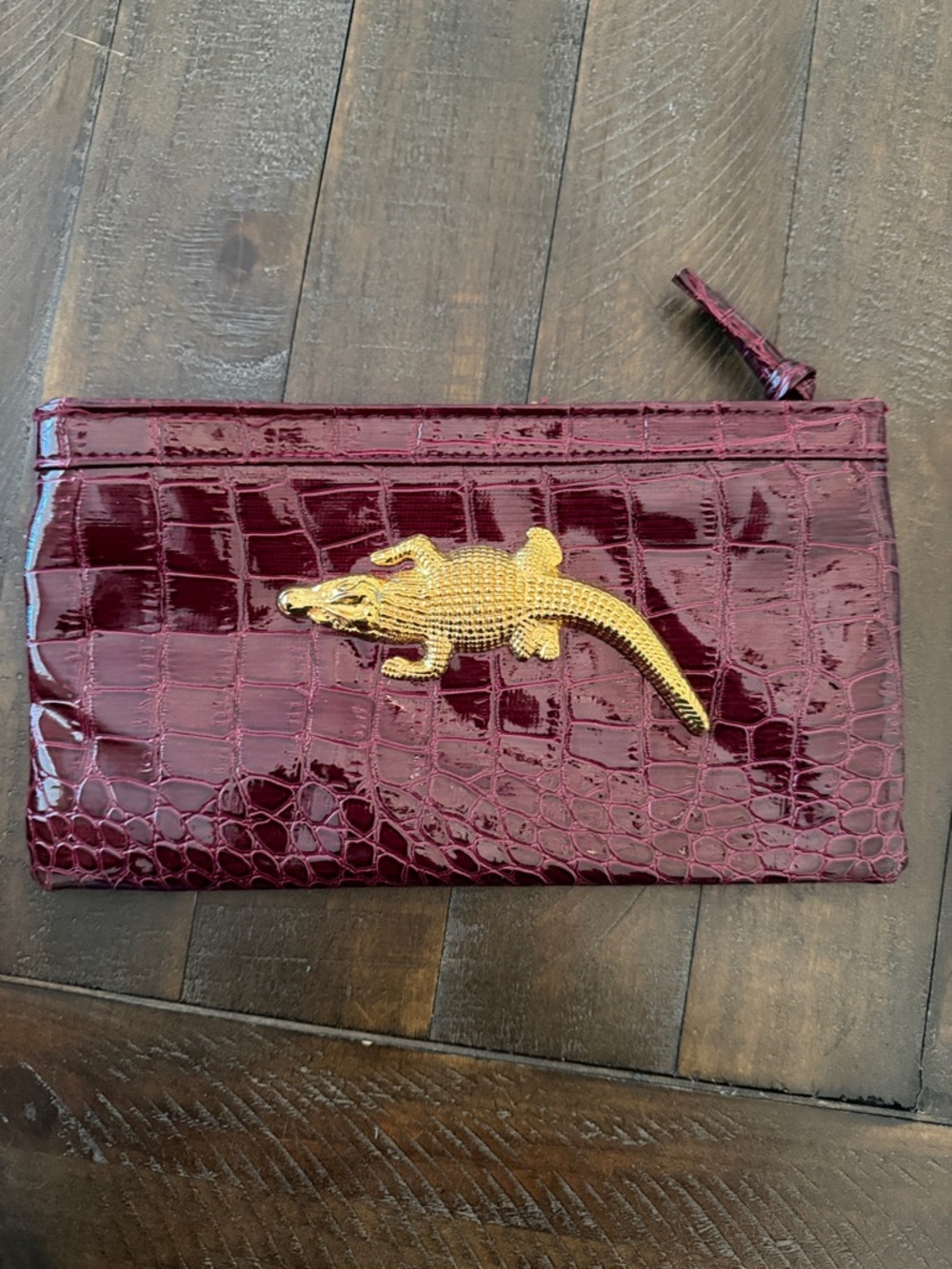 Glossy Croc Embossed Classy Clutch with Gold Alligator Accent - Burgundy